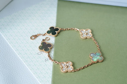 [Charm Aries Jewelry]CLOVER 5 MOTIFS DARK MOP AND DIAMONDS PINK GOLD BRACELET