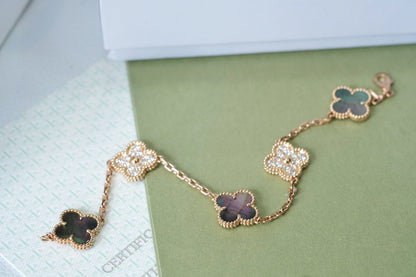 [Charm Aries Jewelry]CLOVER 5 MOTIFS DARK MOP AND DIAMONDS PINK GOLD BRACELET