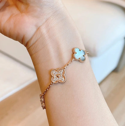 [Charm Aries Jewelry]CLOVER 5 MOTIFS DARK MOP AND DIAMONDS PINK GOLD BRACELET