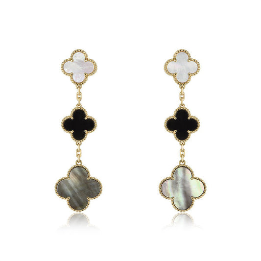 [Charm Aries Jewelry]CLOVER EARRINGS GOLD ONYX MOP 3 MOTIF
