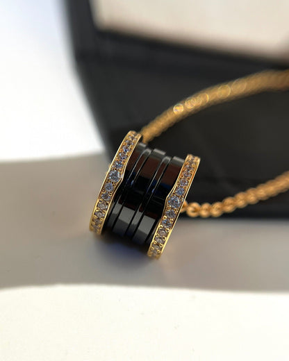 [Charm Aries Jewelry]ZERO 1 BLACK CERAMIC DIAMOND PINK GOLD NECKLACE