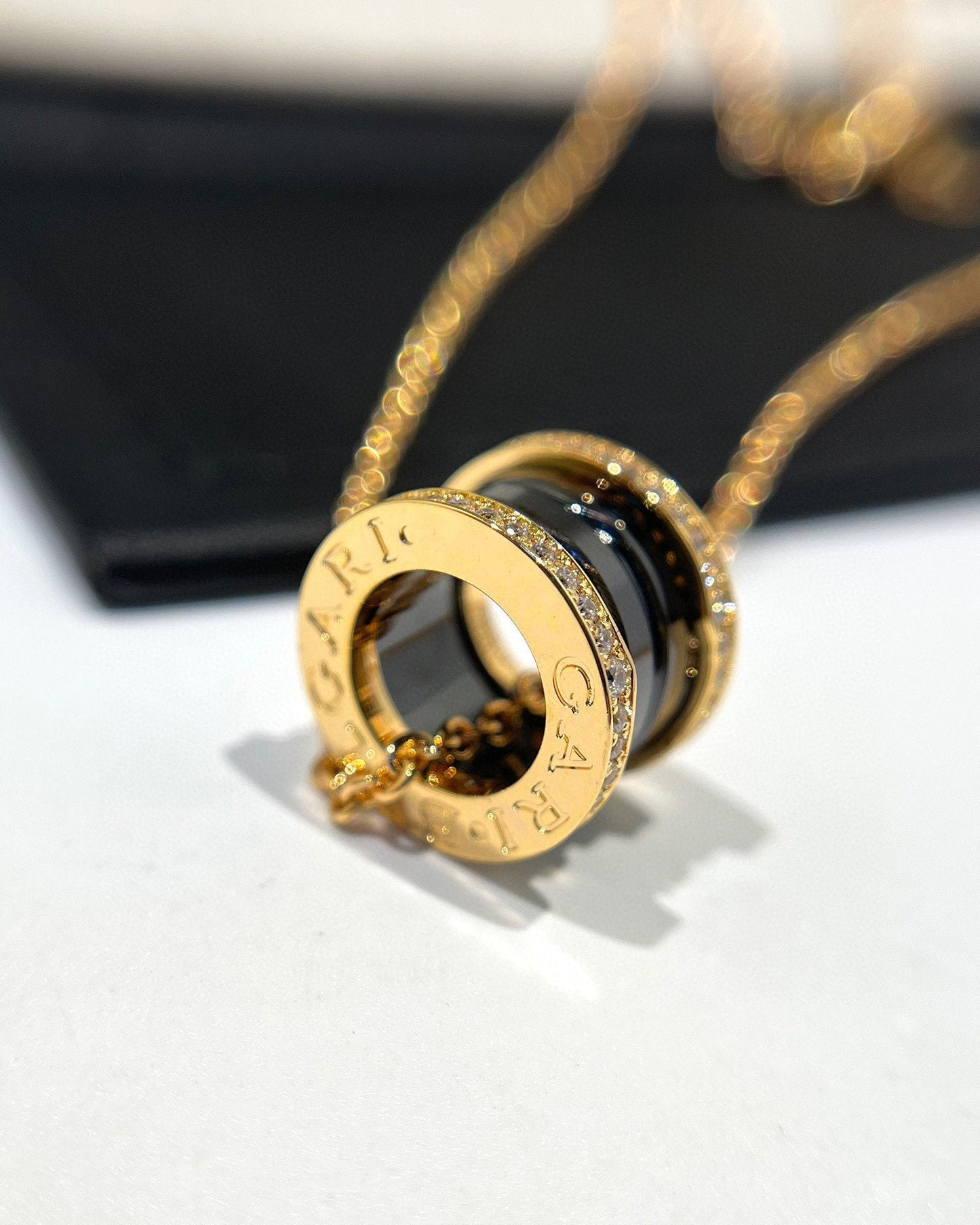 [Charm Aries Jewelry]ZERO 1 BLACK CERAMIC DIAMOND PINK GOLD NECKLACE